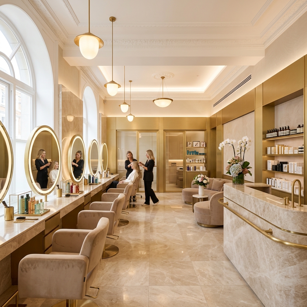 Elegant beauty salon interior with warm lighting and styling chairs