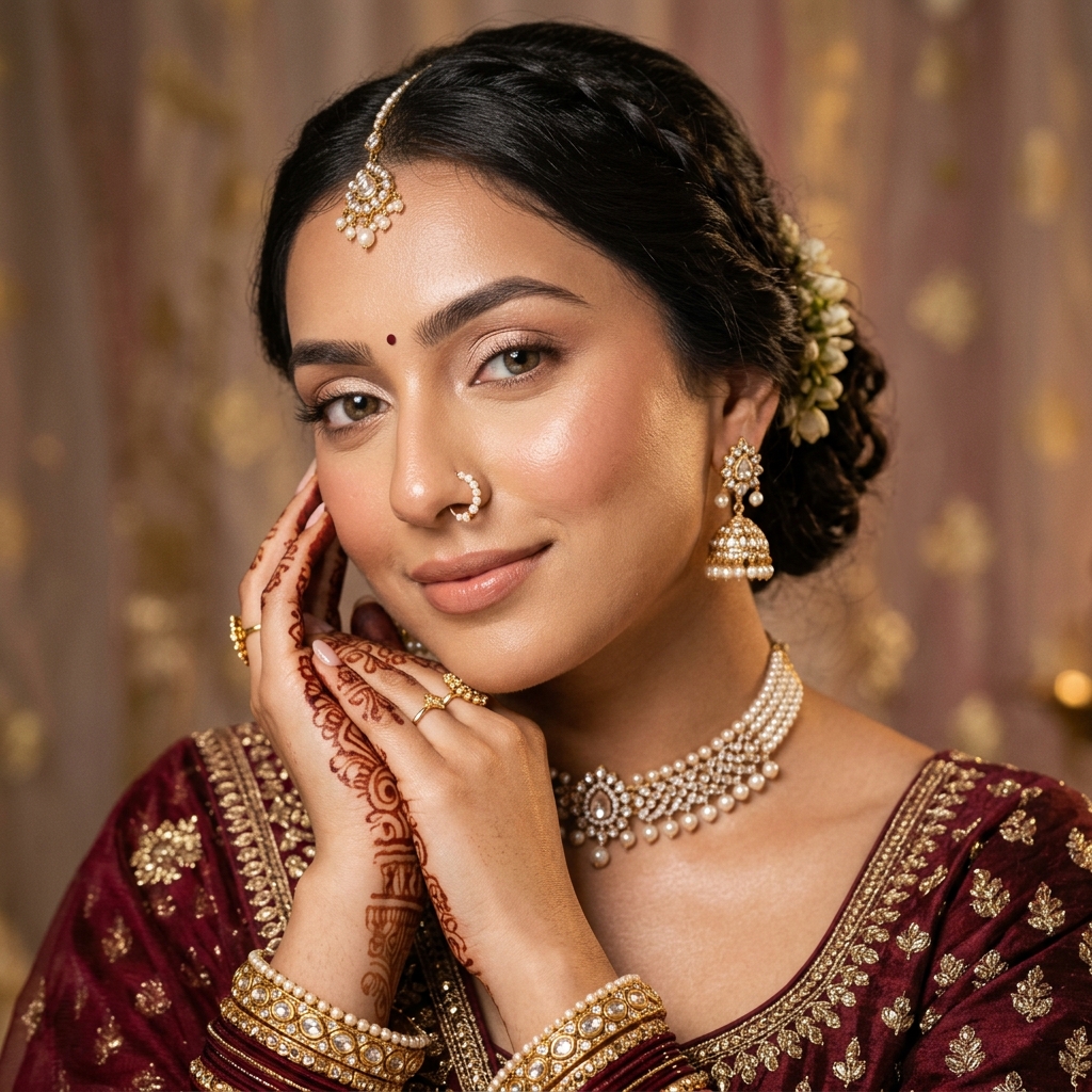 Indian bride with flawless natural bridal makeup and jewellery