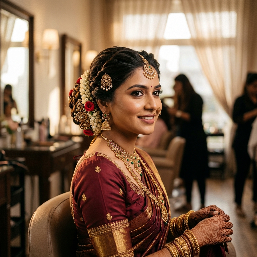 Indian bride with elegant bridal hair updo and flowers