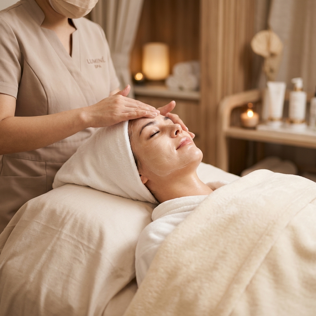 Woman receiving luxury facial treatment at premium salon