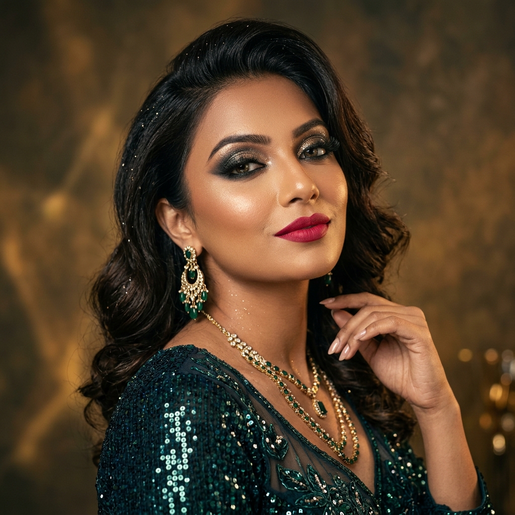 Indian woman with glamorous party makeup and smoky eyes