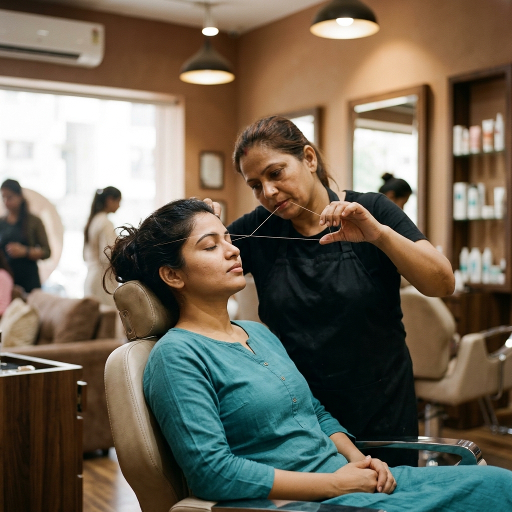 Indian woman receiving eyebrow threading at beauty parlour